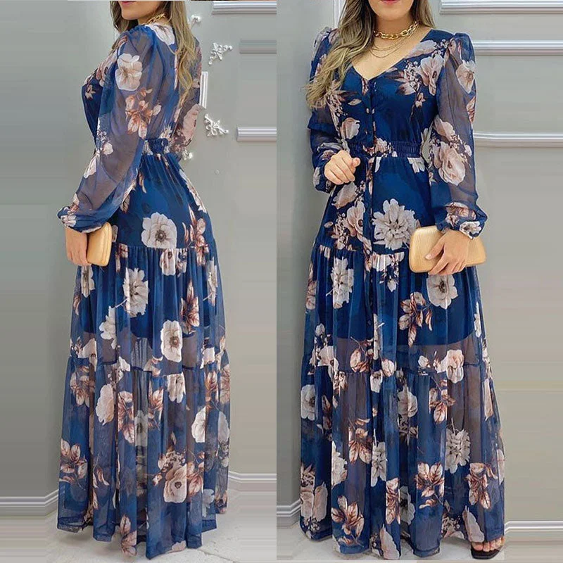 Women's Floral Print Fashion Designer Long V-Neck Chiffon Dresses (Plus Size)