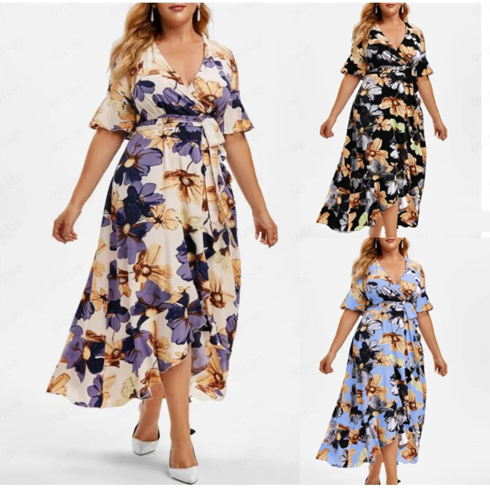 Women's Maxi Robe Fashion Designer Floral Long Dresses (Plus Size)