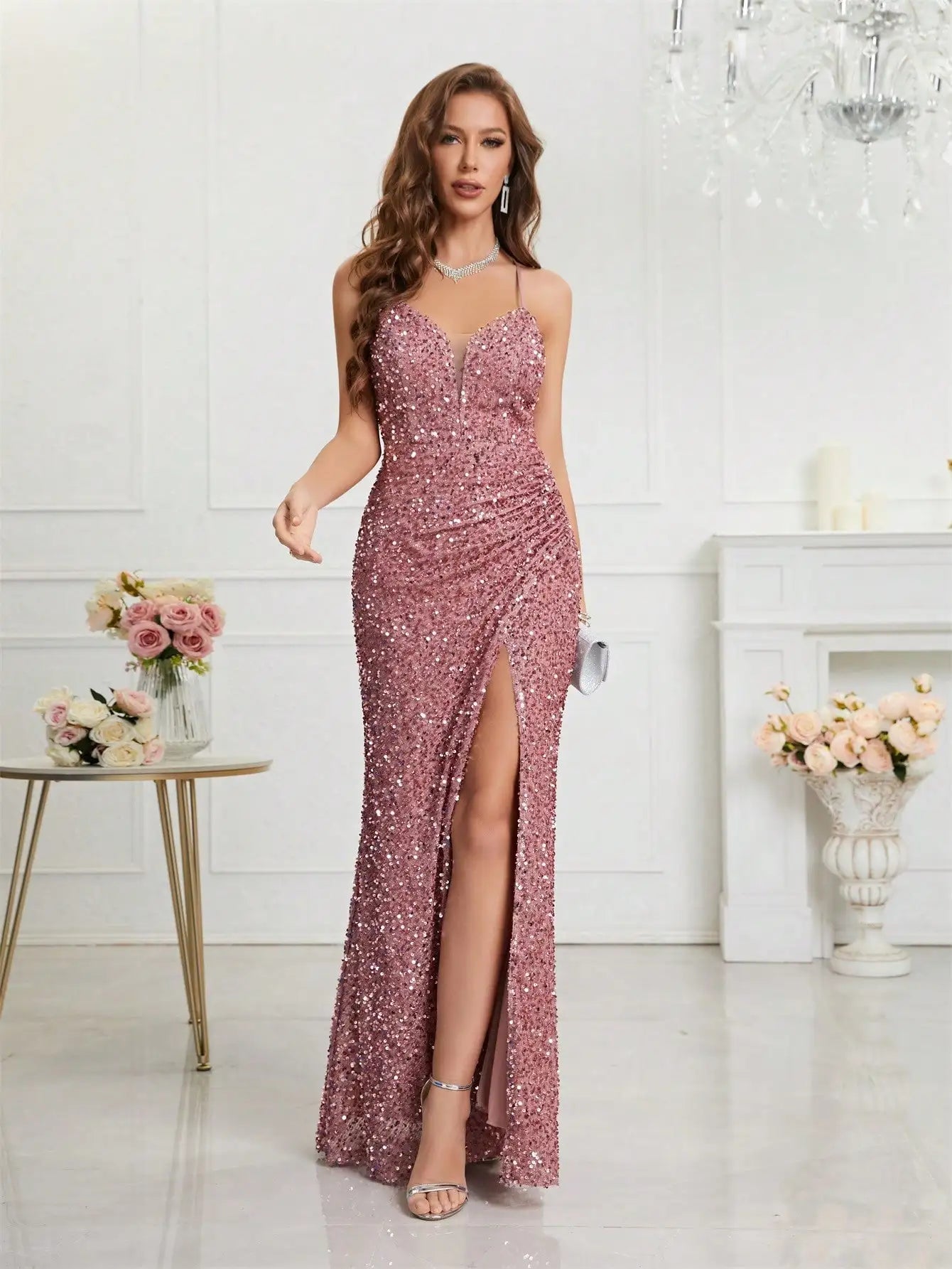 Women's Sequin Spaghetti Strap Fashion Design Split Dresses (Long)