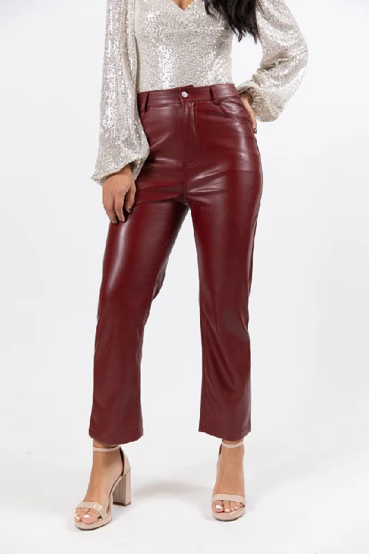 Memorable Nights Burgundy Wide Leg Faux Leather Pants